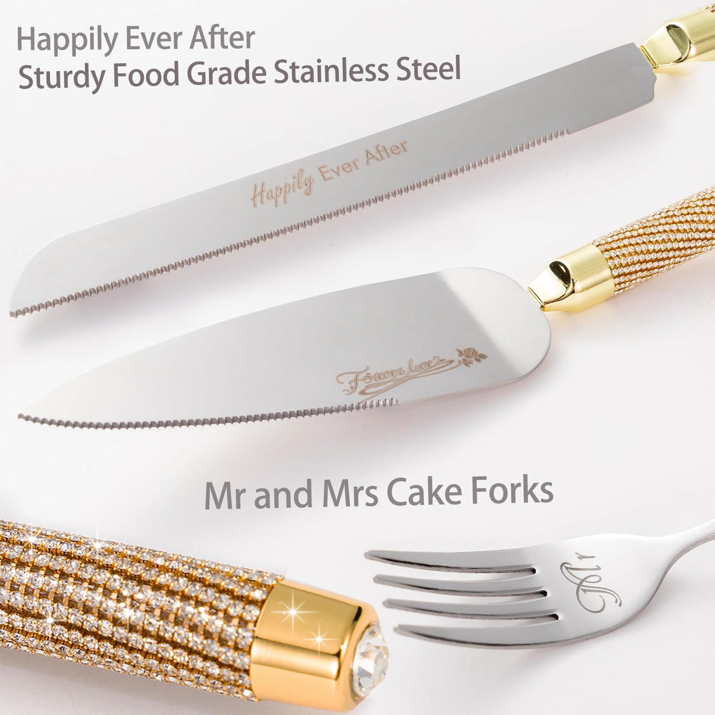 VARLKA Wedding Cake Knife and Server Set, Gold Cake Cutting Set for Wedding, Mr and Mrs Champagne Flutes for Bridal Shower Gifts Engagement Gifts for Couples