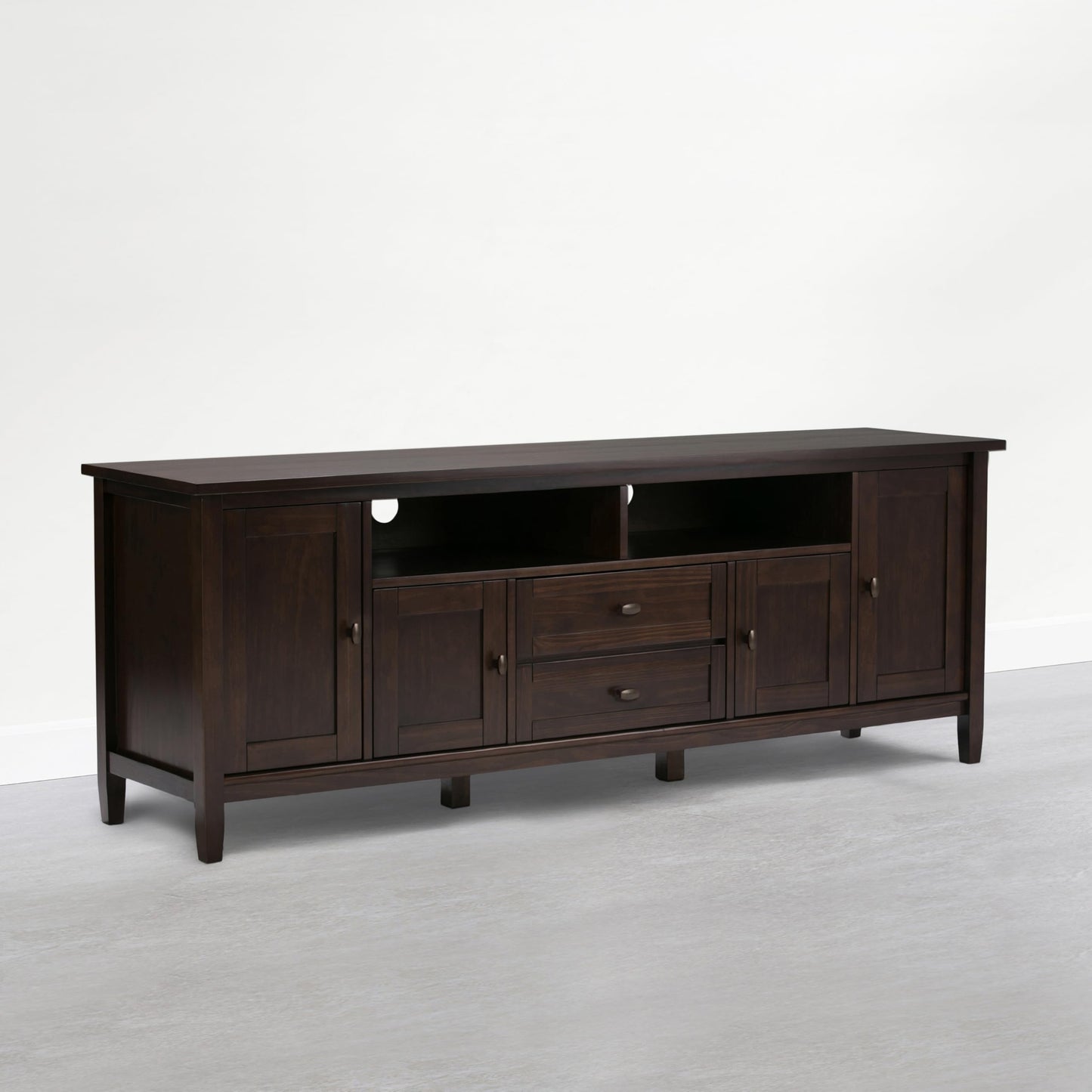 SIMPLIHOME Warm Shaker TV Stand - 72 inch Wide Solid Wood Media Console in Mocha Brown, Transitional Entertainment Center for Living Room for TVs up to 80 Inches with Cabinets and Cable Management