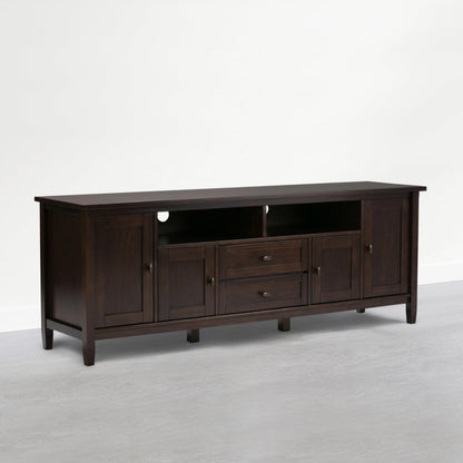 SIMPLIHOME Warm Shaker TV Stand - 72 inch Wide Solid Wood Media Console in Mocha Brown, Transitional Entertainment Center for Living Room for TVs up to 80 Inches with Cabinets and Cable Management