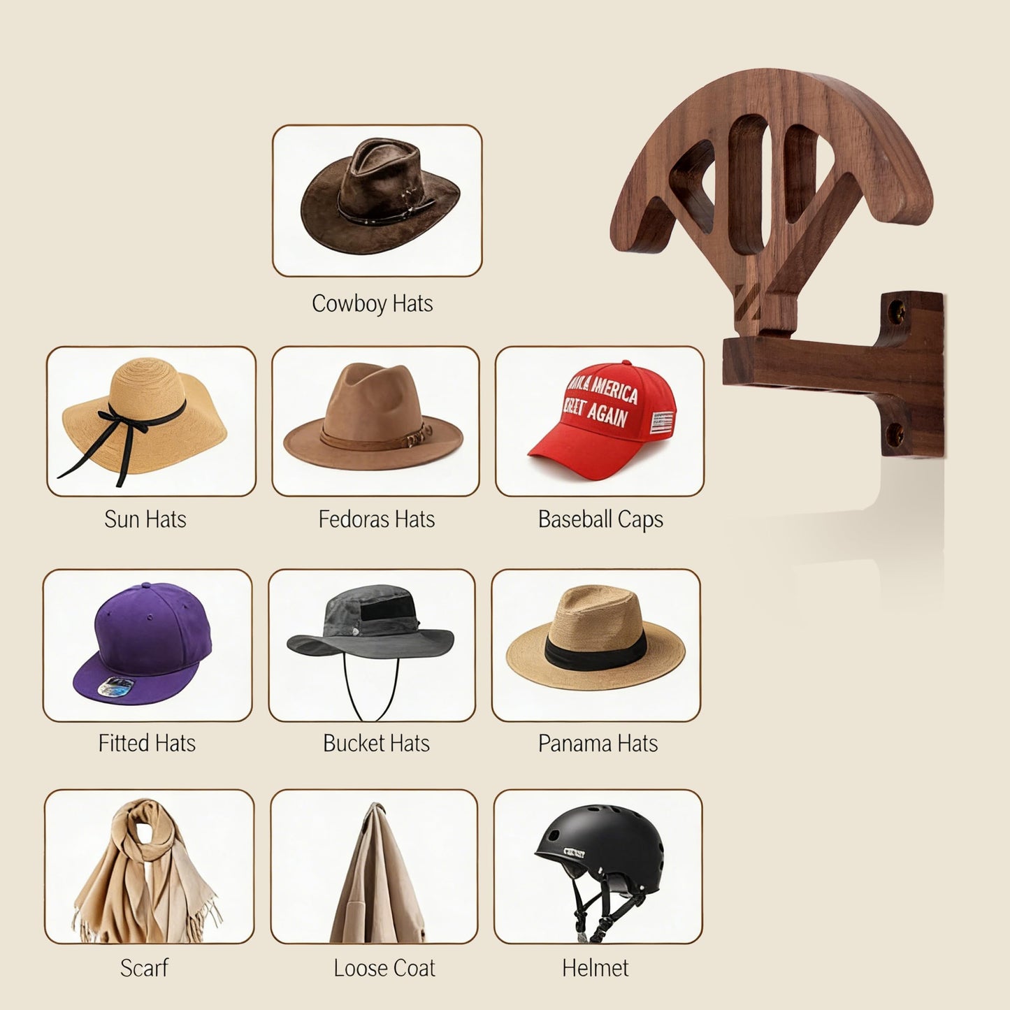 ZUHSAN Cowboy Hat Rack for Wall Walnut Hat Hooks Cowboy Hat Holder Wooden Decor Rustic Hat Hanger for Storage Closet Bedroom Living Room Rust Western and Unique Gifts ASIN (2)