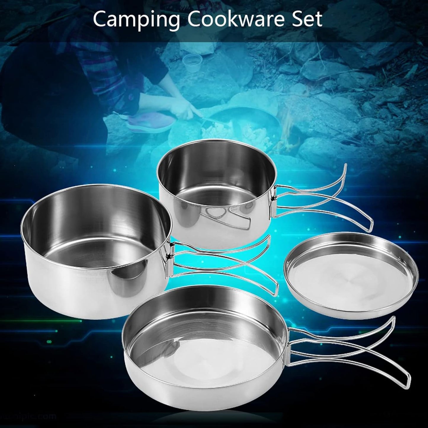 Portable Cookware Set, 4 Pcs Stainless Steel Camping Kitchenware Pan Pot Plate Tableware for Outdoor Cooking