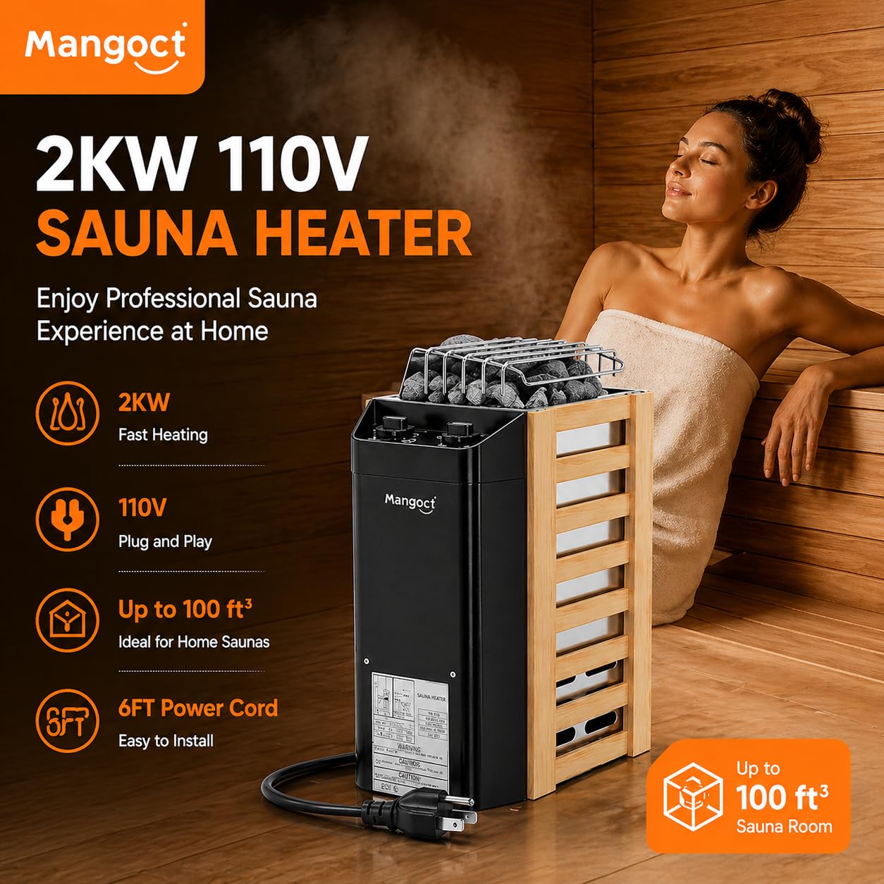 Mangoct 2KW 110V Sauna Heater with Plug, Electric Sauna Heater, 3h Timer for Small Sauna Rooms (100 Cu.Ft.), Dry Sauna Heater, No Wiring Needed Sauna Stove