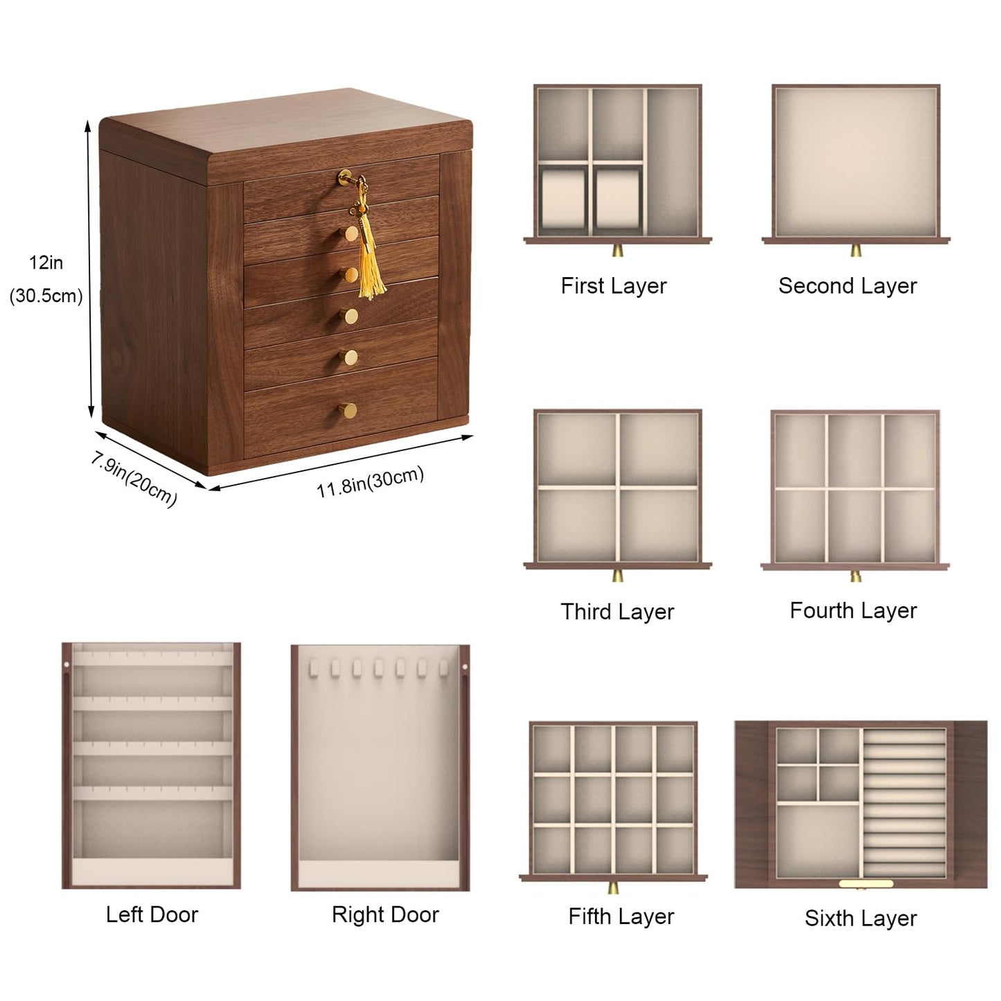 CHOSIN Black Walnut Wooden Jewelry Box, 6-Layer Lockable Wood Jewelry Organizer with Mirror, Side Doors & Brass Handle, Classical Design for Rings, Necklaces, Earrings, Ideal Gift for Her
