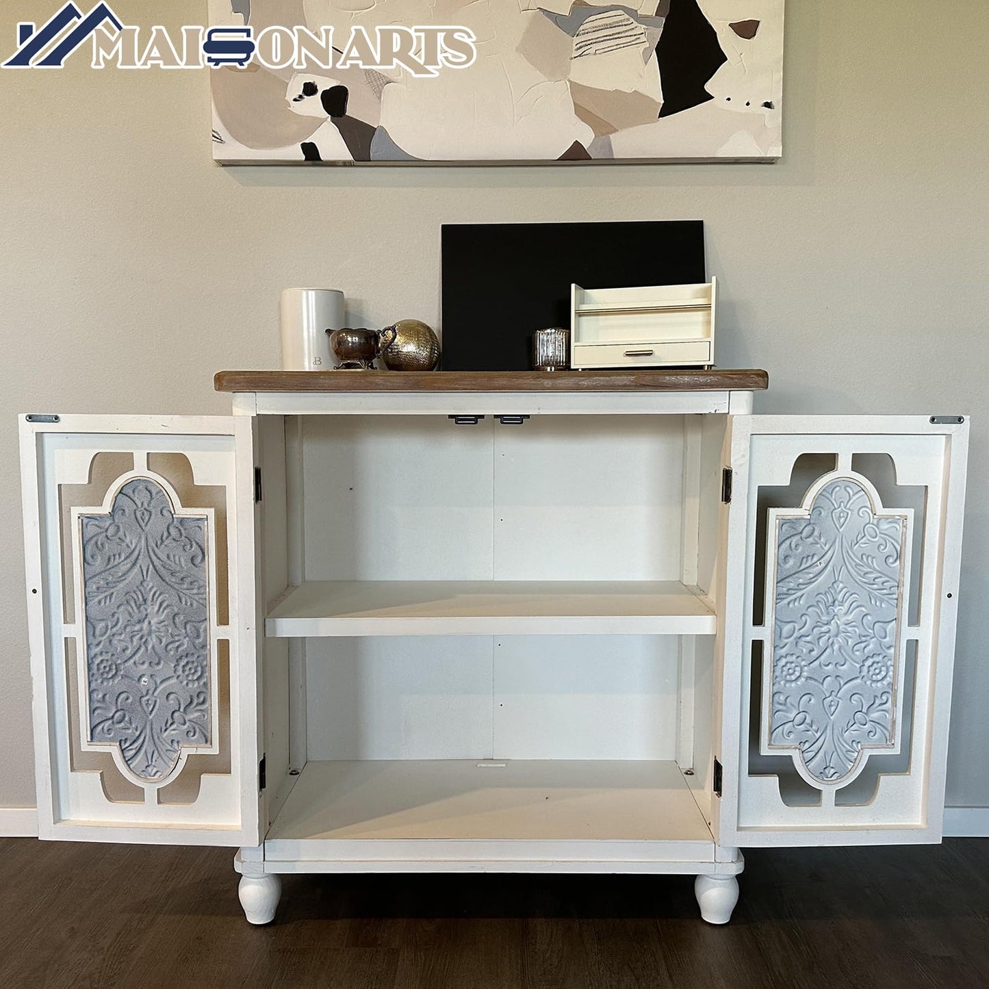 MAISON ARTS Accent Cabinet with 2 Doors, Farmhouse Decorative Storage Cabinet with Solid Wood Frame & Legs for Living Room Entryway Small Sideboard Buffet Cabinet, Metal Embossing Pattern