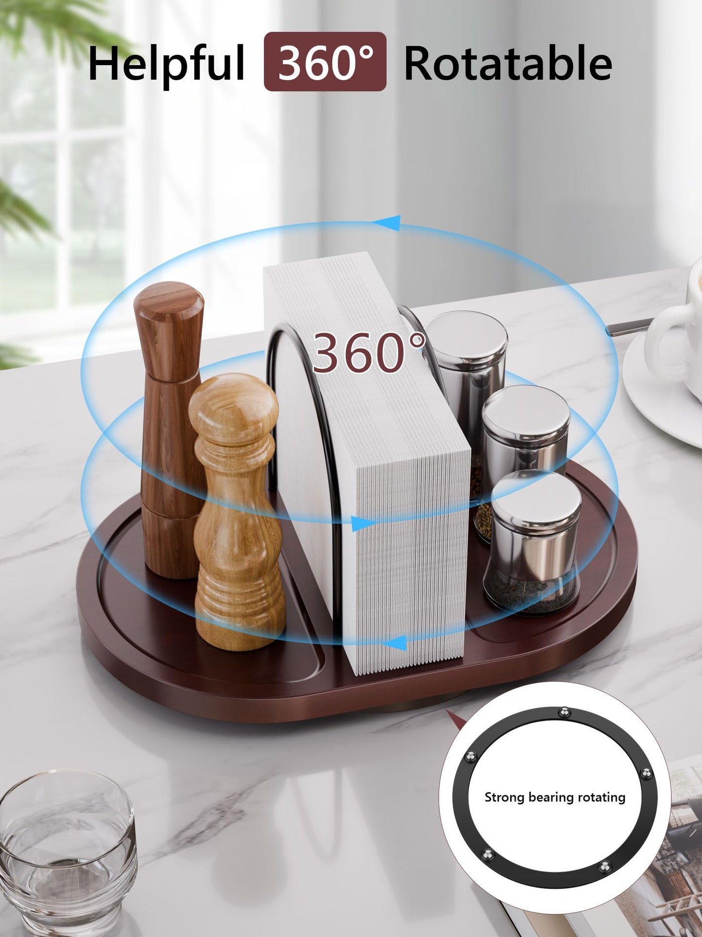 Primo Lines Rotating Napkin Holder for Table with Built-In Space for Salt and Pepper Shakers, Wooden Metal Caddy Rustic Table Organizer with 360 Degree Spin for Kitchen Decor and Accessories (Walnut)