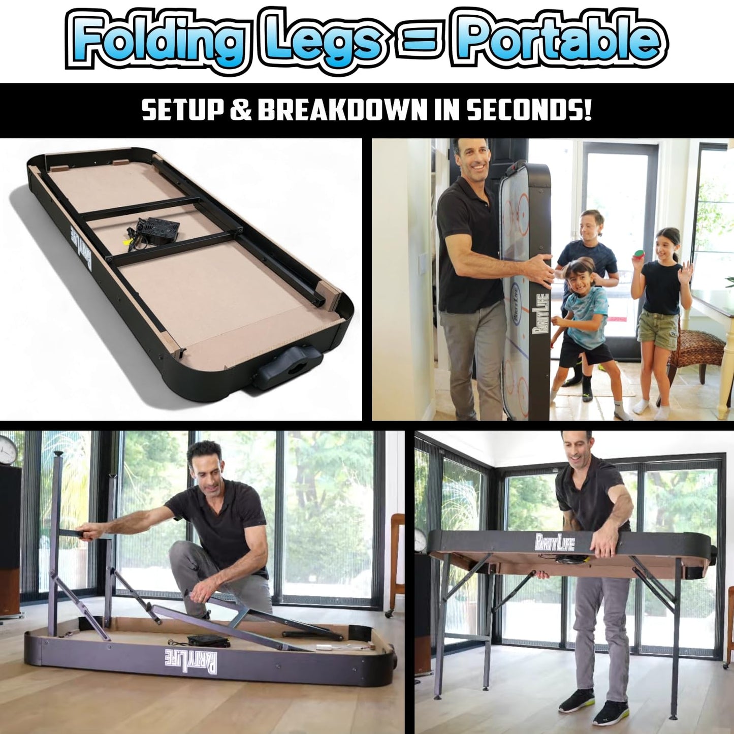 PartyLife 54" Air Hockey Table w/Folding Steel Legs - Powerful Motor, Smooth Surface, Very Sturdy - Perfect for Kids and Adults, Game Rooms & Home Arcade!