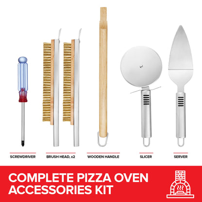 Essential Pizza Oven Accessories Kit- Includes Extra-Long Wooden Handle, 2 Brush Heads with Stainless Steel, Heat-Proof Bristles- + Slicer & Server |Works on Gozney, Blackstone & Pizza Ovens