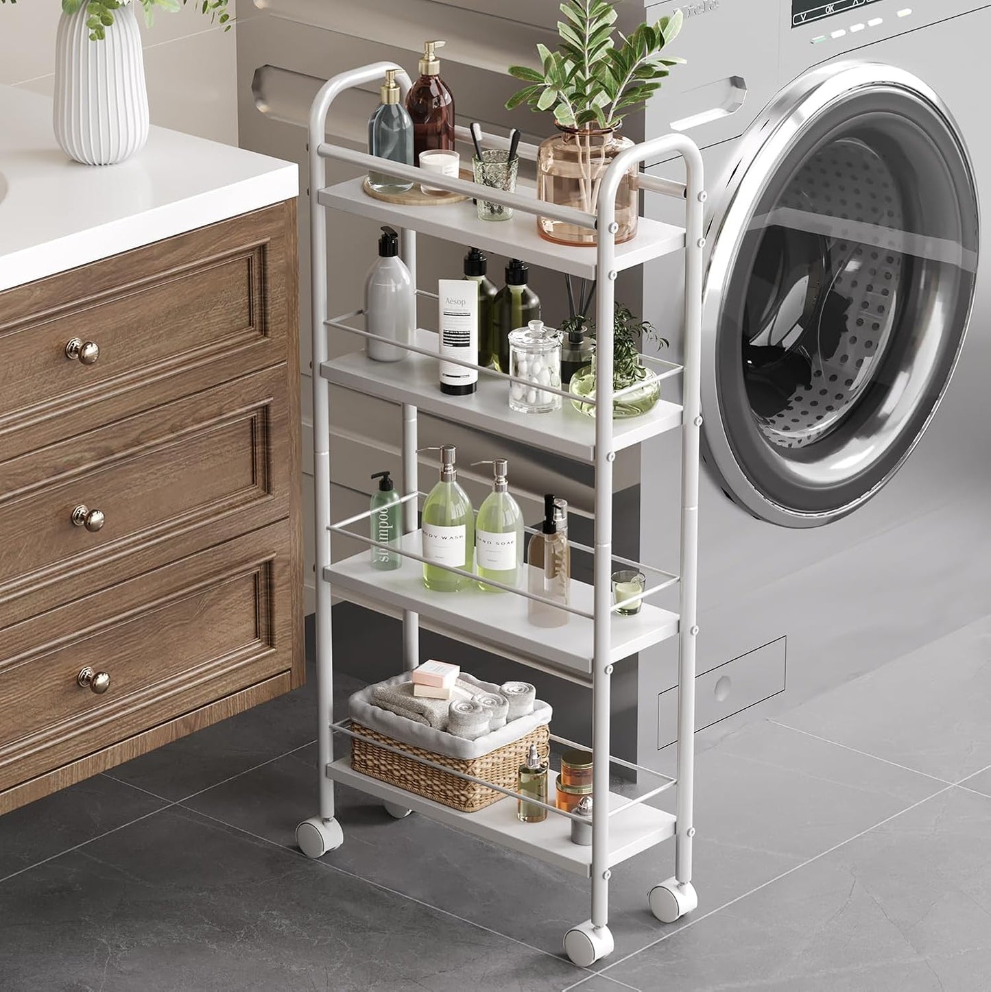4-Tier 5.9" 4-Tier (5.9" 33.6" Asgolion Slim Storage Cart, Small Rolling Cart with Wheels, Deep, Narrow Bathroom Shelf