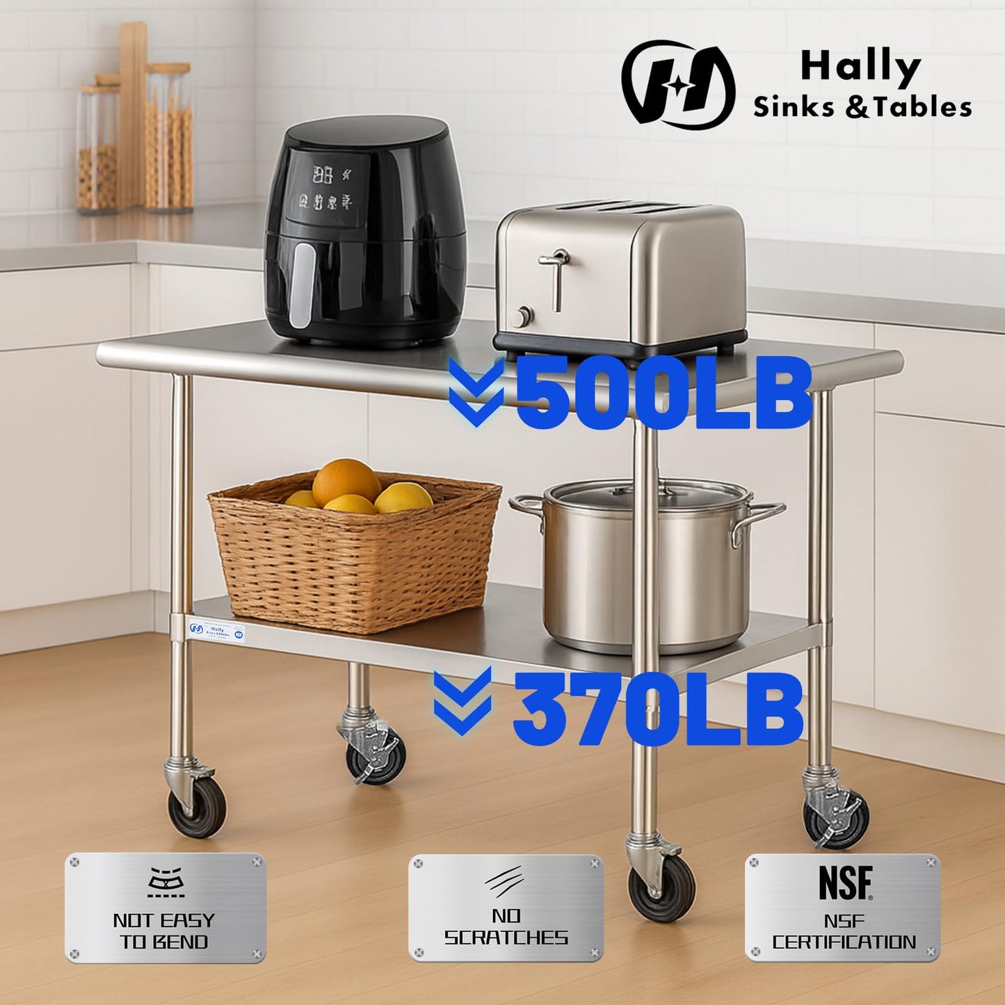 Hally Stainless Steel Table for Prep & Work 30 x 48 Inches with Caster Wheels, NSF Commercial Heavy Duty Table with Undershelf and Galvanized Legs for Restaurant, Home and Hotel