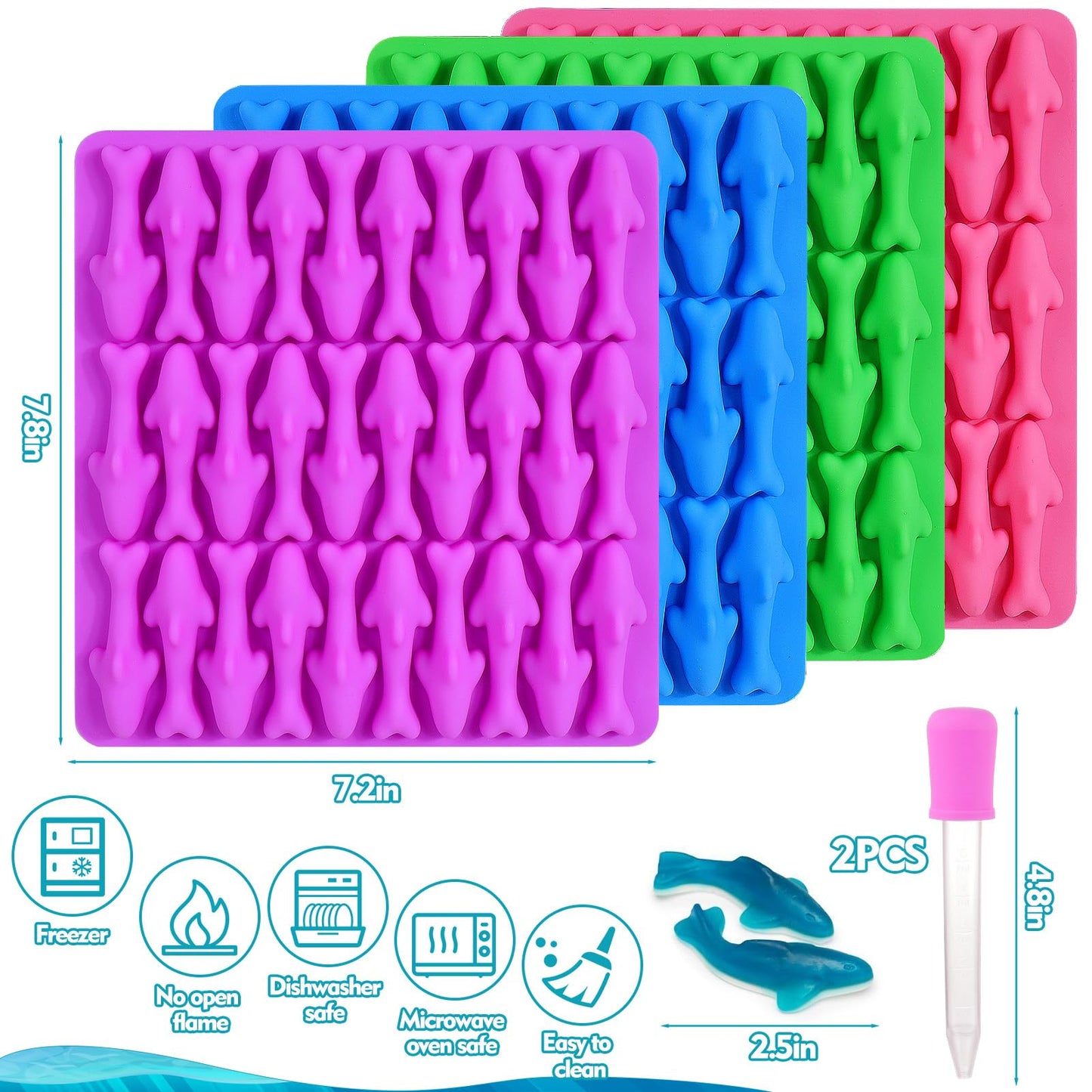Palksky Gummy Sharks Molds Silicone, 4 Pack 30 Cavity Mini Sharks Candy Molds,3D Small Blue Shark Gummies Mold, Candy Making Supplies for Candy/Friut Snack