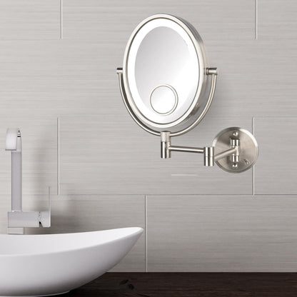 JERDON Two-Sided Wall-Mounted Makeup Mirror with Lights - Lighted Makeup Mirror with 10X Magnification & Wall-Mount Arm - Oval Mirror with Nickel Finish Wall Mount - Model HL9515NL