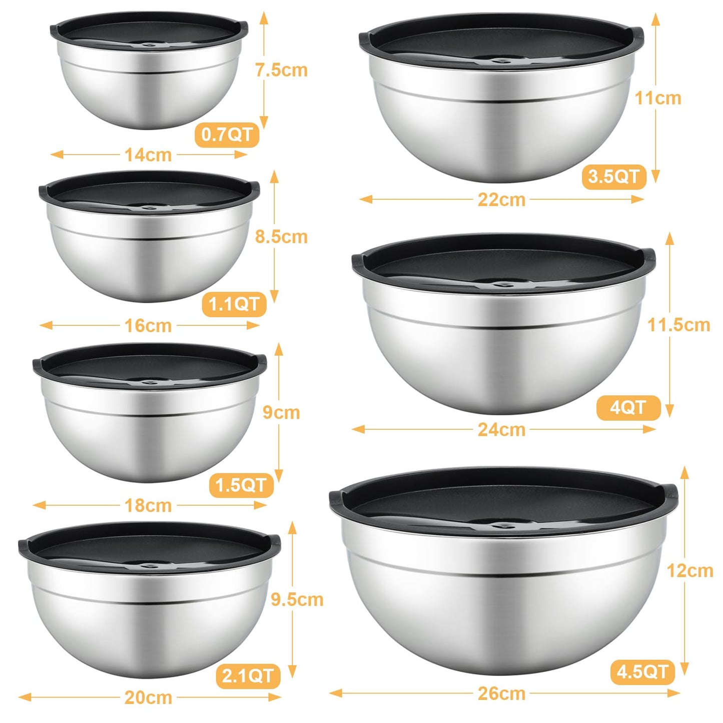 Hunnycook 7 Piece Mixing Bowls with Lids Set - Mixing Bowls Stainless Steel Bowls for Kitchen Baking, Size 0.7, 1.1, 1.5, 2.1, 3.5, 4, 4.5QT, Baking Bowl for Food Preparation, Mixing and Serving Foods