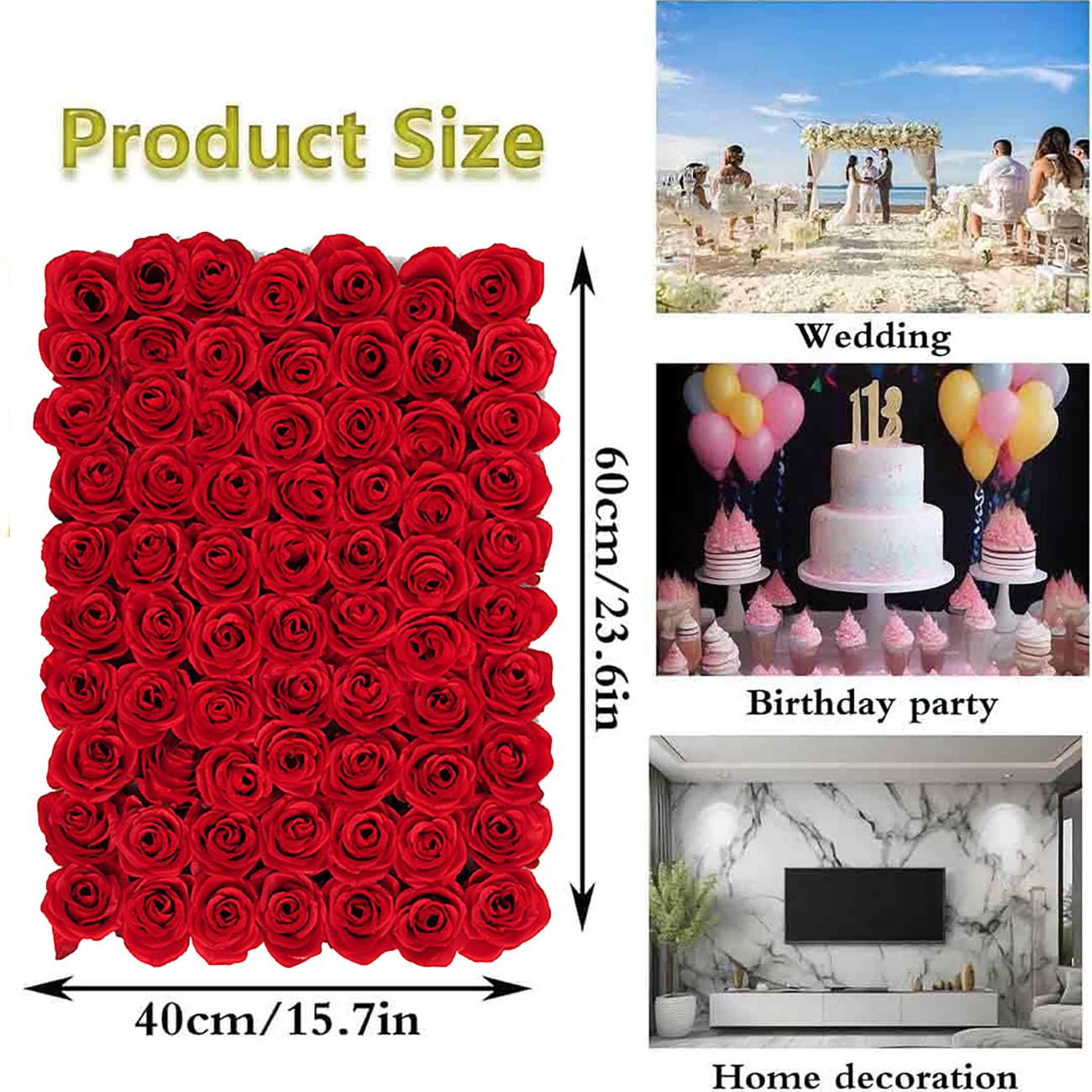 Wiyrexiy Flower Wall Backdrop, Artificial Flower Wall Pack of 6, 15.7x23.6 Inches Rose Wall, Rose Wall Backdrop Red, Flower Panels for Party, Wedding, Birthday, Indoor & Outdoor