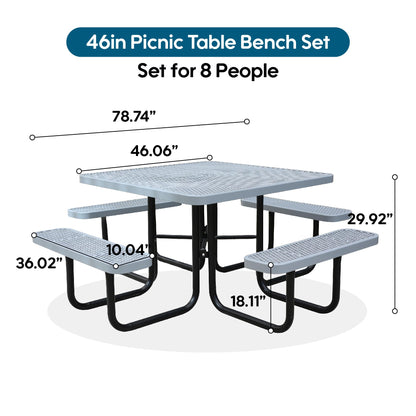Sunnibety 8-Person Picnic Tables for Outdoors, Industrial 46" Expanded Metal Square Picnic Table with 4 Benches & Umbrella Hole, Outside Table and Bench Set for Garden, Backyard, Porch, Patio, Grey