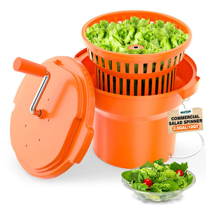 Wantjoin Commercial Salad Spinner - 2.5 Gallon Salad Dryer w/Aluminum Handle & Draining Hose, 10Qt Manual Salad Spinner for up to 3 Heads of Lettuce Spinner Large for Catering Kitchen
