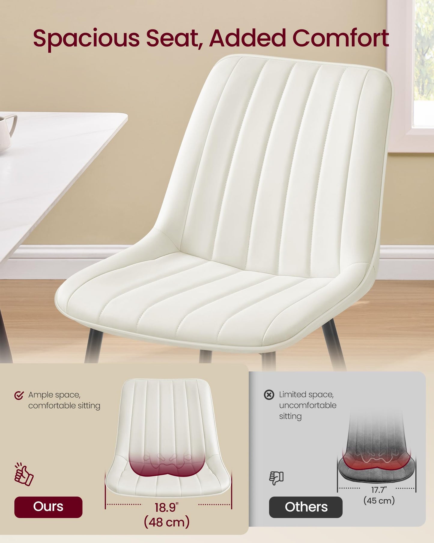 VASAGLE Dining Chairs Set of 6, Upholstered Kitchen Chairs, Synthetic Leather, Max. Load 264 lb, Steel Legs, Curved Backrest, for Dining Room, Cloud White and Ink Black ULDC090WH02-3J