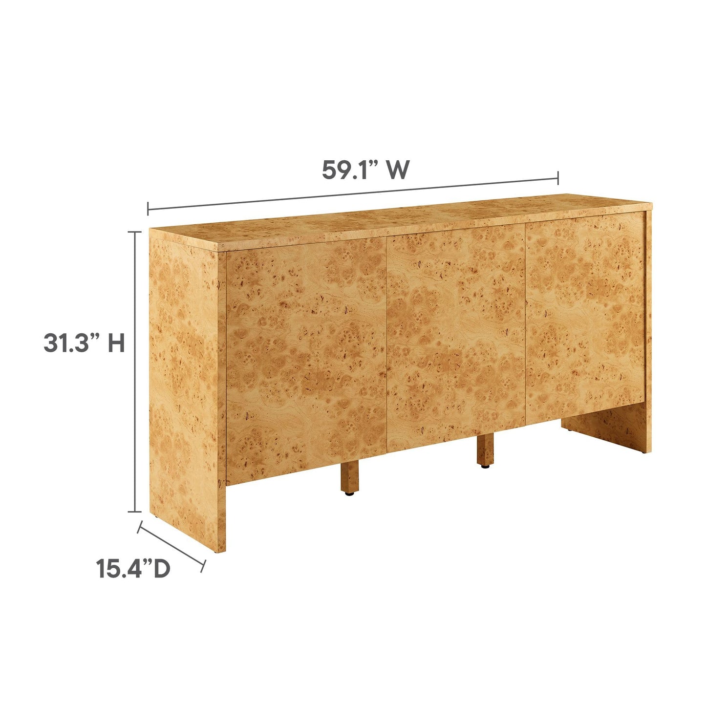 Modway Hudson Burl Wood Sideboard with 3 Doors in Natural - Modern Buffet Cabinet - Versatile High TV Stand Media Cabinet - 60 Inch Storage Sideboard for Living Room with Doors and Shelves