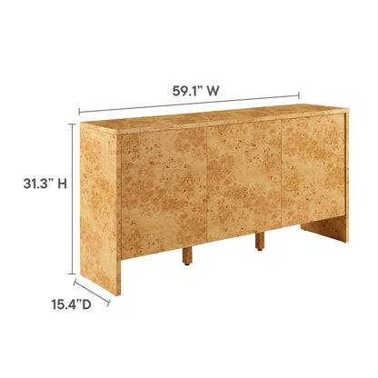 Modway Hudson Burl Wood Sideboard with 3 Doors in Natural - Modern Buffet Cabinet - Versatile High TV Stand Media Cabinet - 60 Inch Storage Sideboard for Living Room with Doors and Shelves