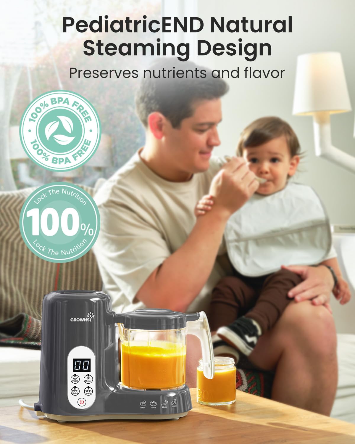 Grownsy Baby Food Maker with Steam Basket, One Step Baby Food Processor Steamer Puree Blender Grinder Mills Machine, Auto Cooking Grinding and Sterili-zing for Healthy Homemade Baby Food, Dark Grey