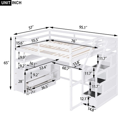 Merax Stairway Loft Bed with L Shape, Shelves, Two Tier Drawers and Storage, White Platform, Full Loft w/Desk and Staircase
