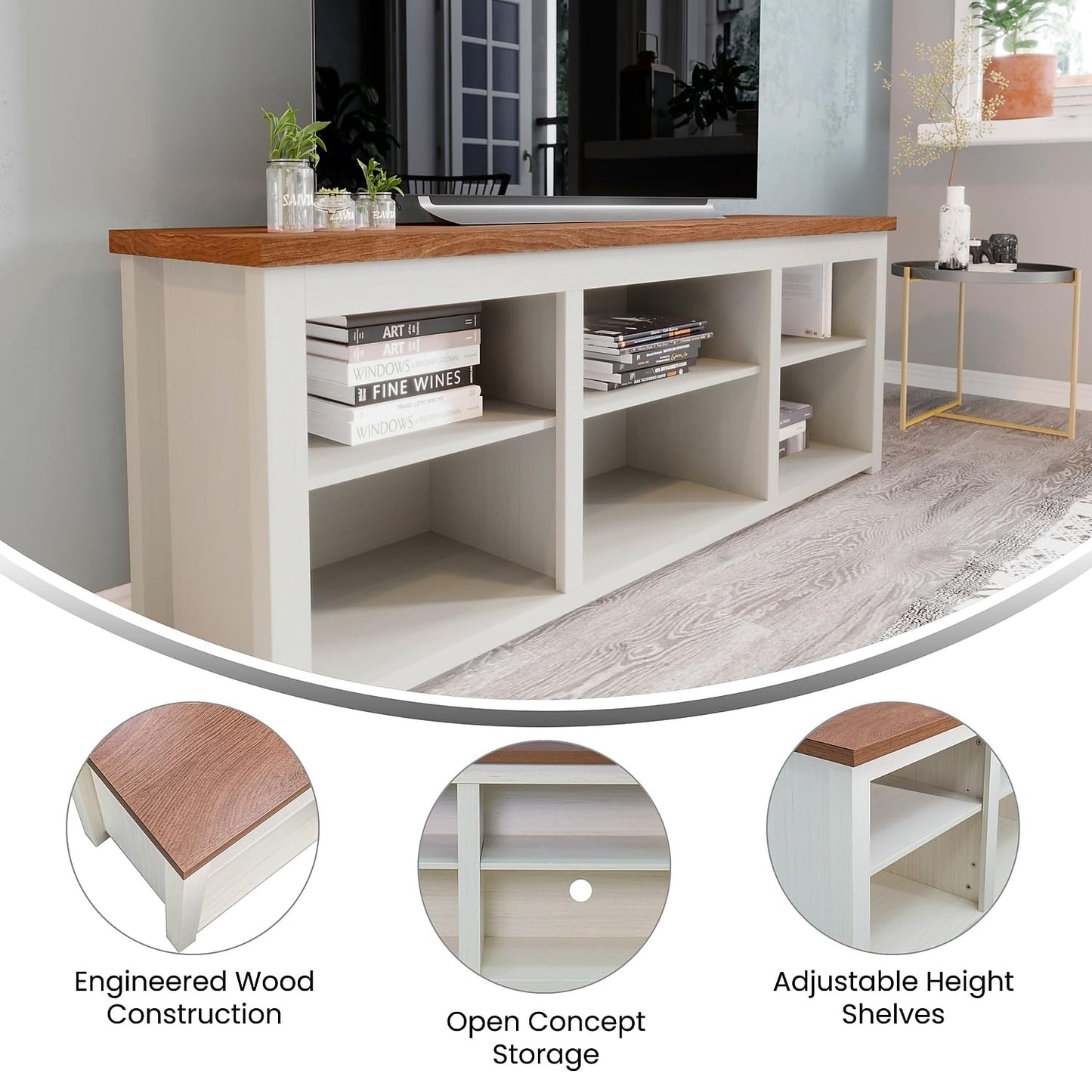Flash Furniture Kilead Farmhouse TV Stand for up to 80" TVs-65 Engineered Wood Media Console with Open Storage, 65", Walnut Top/White Frame