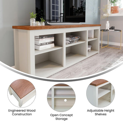Flash Furniture Kilead Farmhouse TV Stand for up to 80" TVs-65 Engineered Wood Media Console with Open Storage, 65", Walnut Top/White Frame
