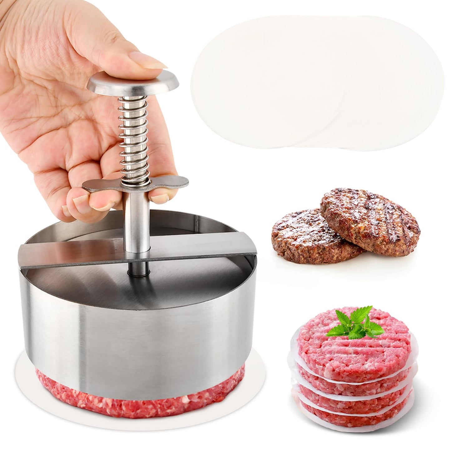 Quivorant 4.5" Burger Maker Press with 50 Patty Papers, 304 Stainless Steel Adjustable Non-Stick Hamburger Patty Maker, for Kitchen BBQ & Sandwich, Beef, Vegetables, Meat, Party Grill, Easy Release