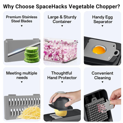 SpaceHacks 12-in-1 Vegetable Chopper, Kitchen Gadgets with 7 Blades, Veggie, Food, Onion Chopper, Cucumber Slicer, Versatile Mandoline, Includes Egg Separator & Finger Guard, Gray