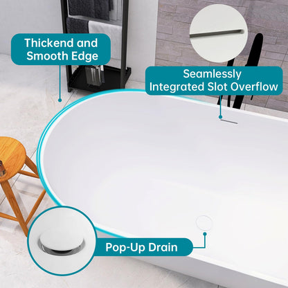 MEDUNJESS 59'' Freestanding Tubs Bathtub Bathroom Solid Surface Resin Stone Bathtubs soaker Tubs Oval Shaped Matte Luxury Modern Soaking Tub with Overflow and Pop-up Drain - White