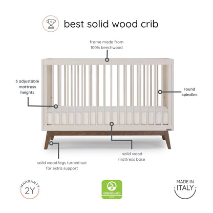 dadada Baby Soho 3-in-1 Convertible Wooden Crib to Toddler Bed - Made in Italy, GREENGUARD Gold Certified, Baby-Safe Finish, Handcrafted Beechwood, Modern Design, 3 Adjustable Heights (Almond Milk)