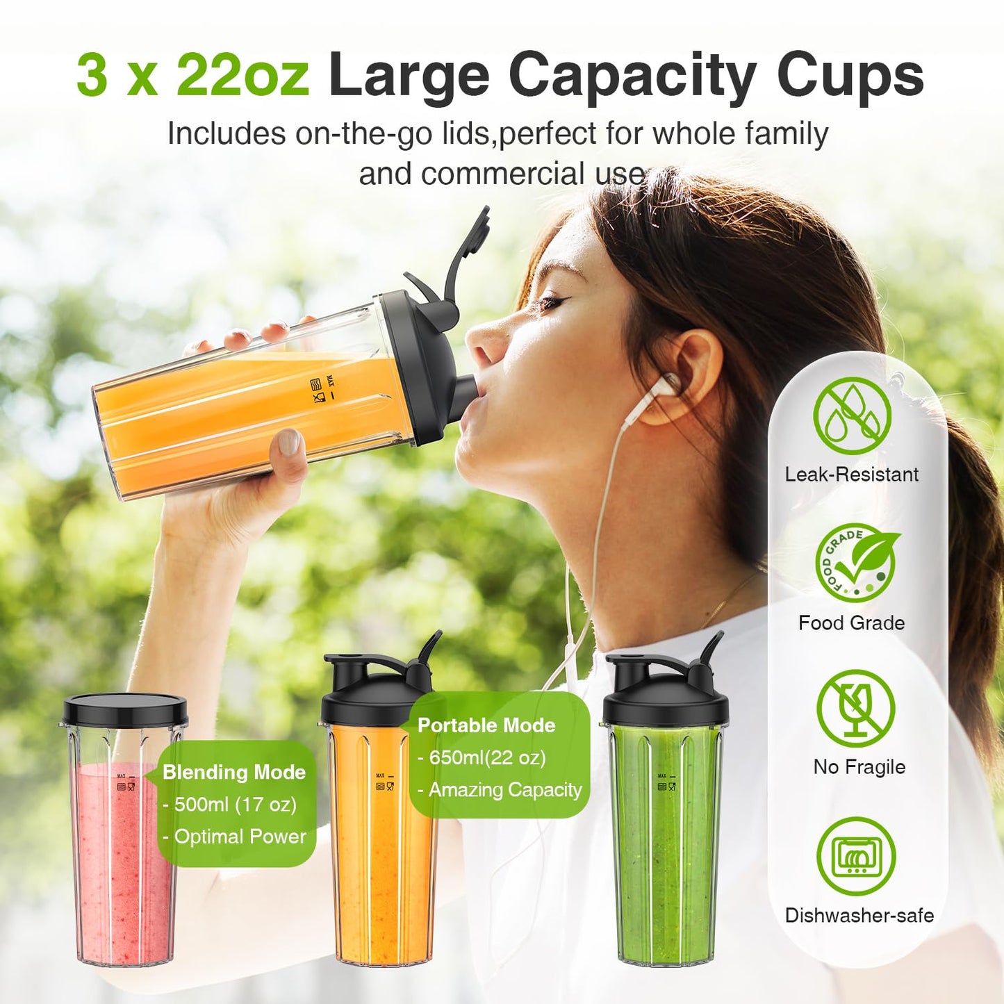 KOIOS Blender for Smoothies,Personal Blender for Shakes and Smoothies with 3 * 22oz To-Go Cups,22000 RPM Smoothie Maker,Detachable 6-leaf Blade Portable Blenders for kitchen,Black