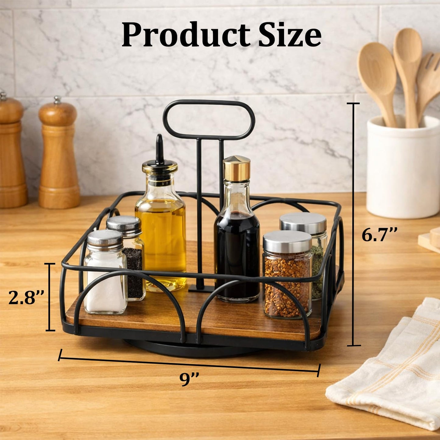 WRINGKIT Condiment Caddy with Handle Lazy Susan, 9 Inch Wood Spice Caddy, 360° Turntable Organizer for Cabinet, Kitchen, Condiment Holder for Table, Restaurants, Seasoning Tray