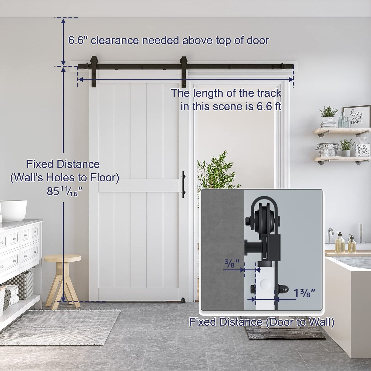 SmartStandard 38 x 84 inch White Sliding MDF Barn Door with 6.6FT Black Sliding Door Hardware Kit & Handle, Pre-Drilled Ready to Assemble, Waterproof PVC Coating, H-Frame