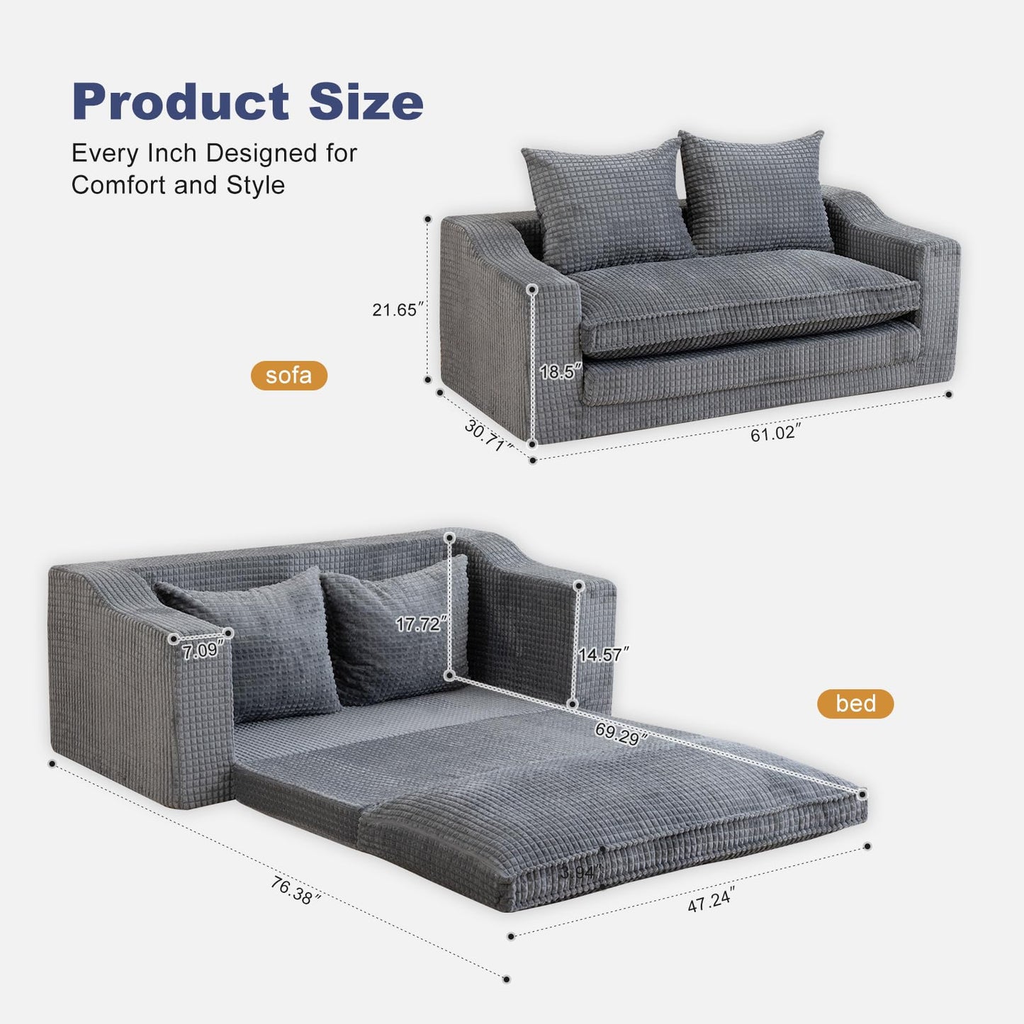 61" Convertible Sofa Bed Loveseat, Memory Foam Boneless Floor Couch with Removable Corduroy Cover, Tri-folding Compact Full-size Sleeper for Small Living Room, Playroom, Guest Room, RV (Dark Gray)