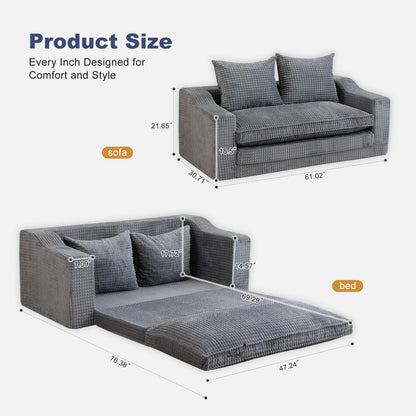 61" Convertible Sofa Bed Loveseat, Memory Foam Boneless Floor Couch with Removable Corduroy Cover, Tri-folding Compact Full-size Sleeper for Small Living Room, Playroom, Guest Room, RV (Dark Gray)