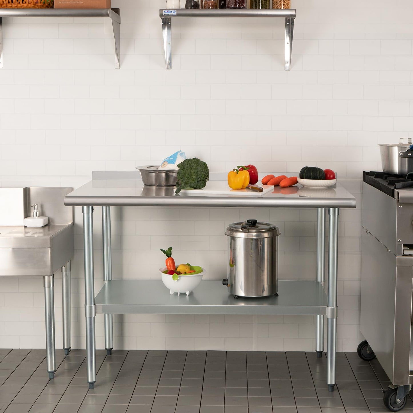 HARDURA Stainless Steel Prep & Work Table 30 x 48 Inches NSF Heavy Duty Commercial with Undershelf and Backsplash, Galvanized Legs for Commercial Food Prep