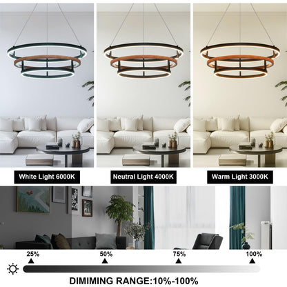 Three-Ring 48-inch glod Vintage Wood-Grain Farmhouse LED Chandelier with Remote Control and dimmable Brightness, Suitable for Dining Room, Kitchen, and Living Room. (glod-48)