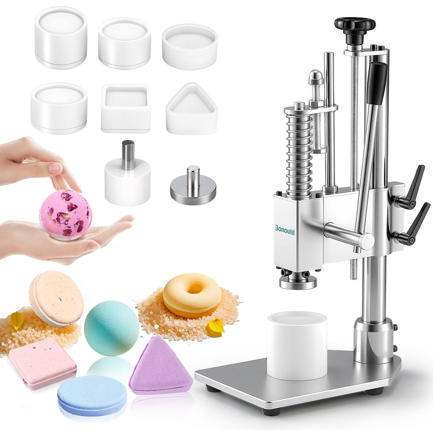 Bonoutil Bath Bomb Press Machine with 6 Molds, Heavy Duty Adjustable Height Bath Bomb Machine DIY Soap Press