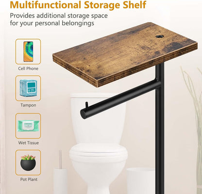 Rustic Brown Farmhouse Toilet Paper Dispenser - Free-Standing Holder with Shelf for Bathroom Storage