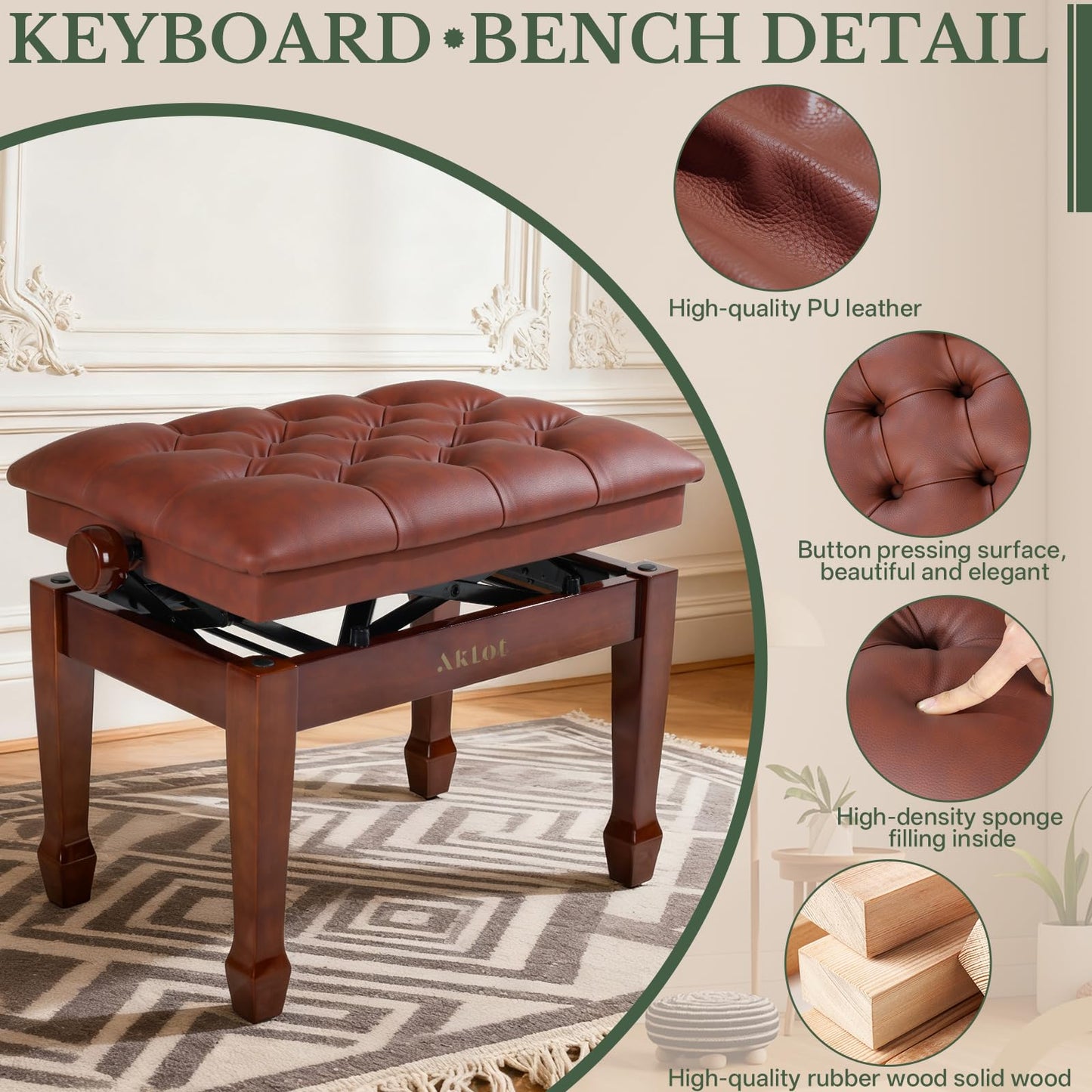 AKLOT Hydraulic Piano Bench, Keyboard Bench with Padded Cushion, Ajustbale Heavy Duty Piano Seat with High-Density Sponge, Piano Stool 23.22"X 15.75" Solid Wooden Piano Chair for Pianist（Walnut