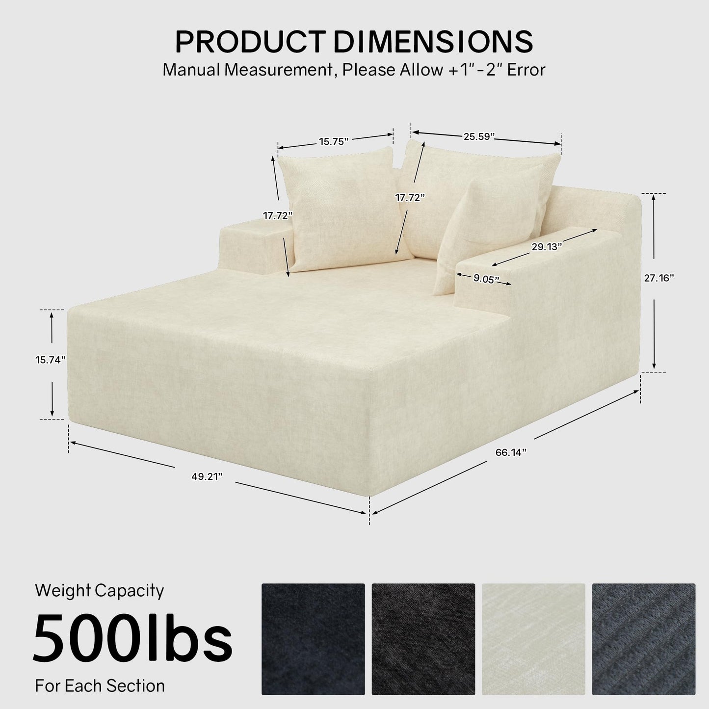 66" Chaise Lounge Chair Indoor, Oversized Boneless Lounge Chair with 3 Pillows, Chenille Cloud Reading Chair for Living Room Bedroom, Deep Seat Sleeper Couch, No Assembly Required