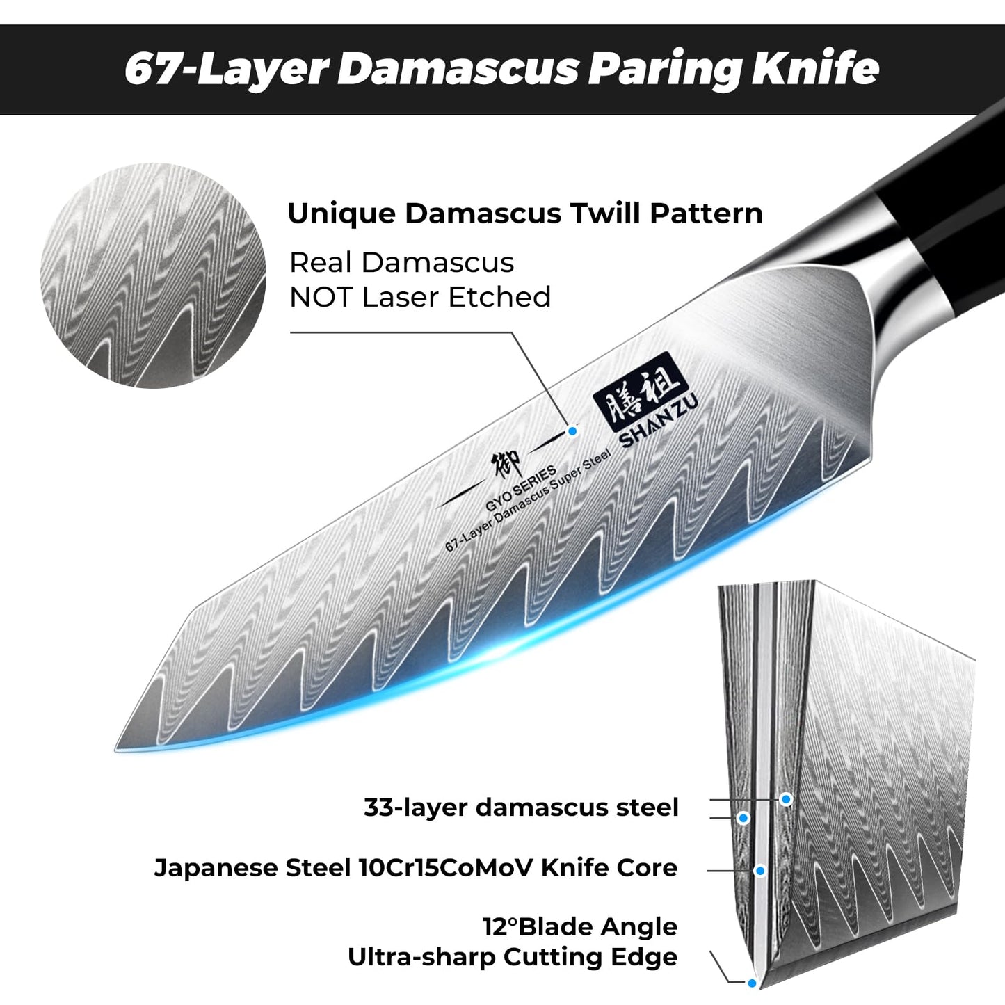 SHAN ZU Damascus Paring Knife Fruit Knife 4 Inch Professional Kitchen Knives, Japanese Damascus High Carbon Steel 67-Layer Fruit Carving Knives with G10 Handle/Gift Box