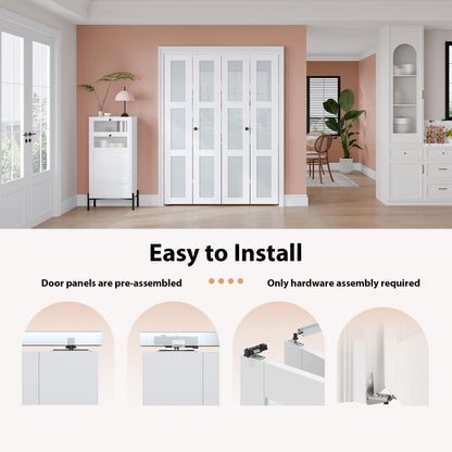 EaseLife Preassembled Bi-Fold Doors, for 48"x 80" Opening,Tempered Frosted Glass Closet Folding Barn Door with Concealed Hardware Kit,MDF Wood Panel,Water-Proof PVC Surface,Easy Installation
