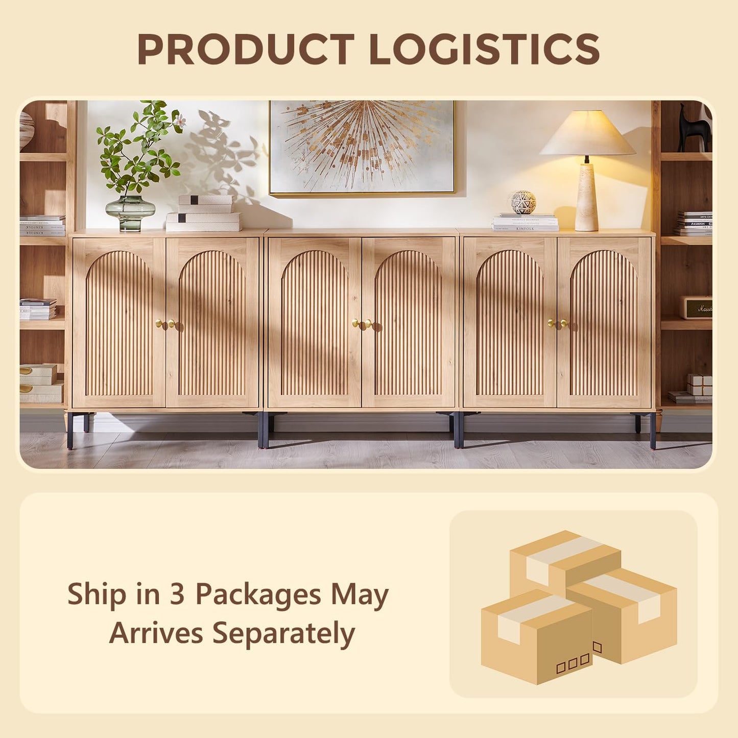 IFGET Modern Buffet Cabinet with Storage, 92.63" W Fluted Arched Sideboard Cabinet w/Adjustable Shelves, Wooden Modular Coffee Bar for Dining Room, Kitchen, Living Room, Entryway, Natural