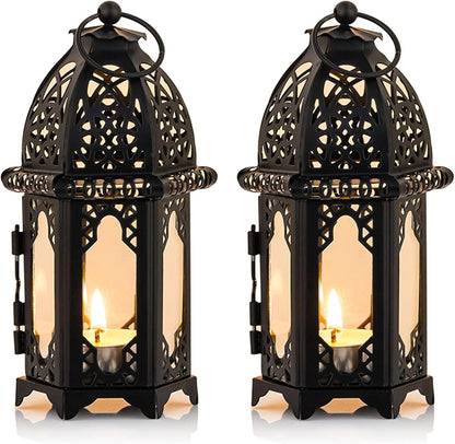 NUPTIO Moroccan Style Candle Lantern - Small Tealight Holder with Transparent Glass Panels | 2 Pcs, Black
