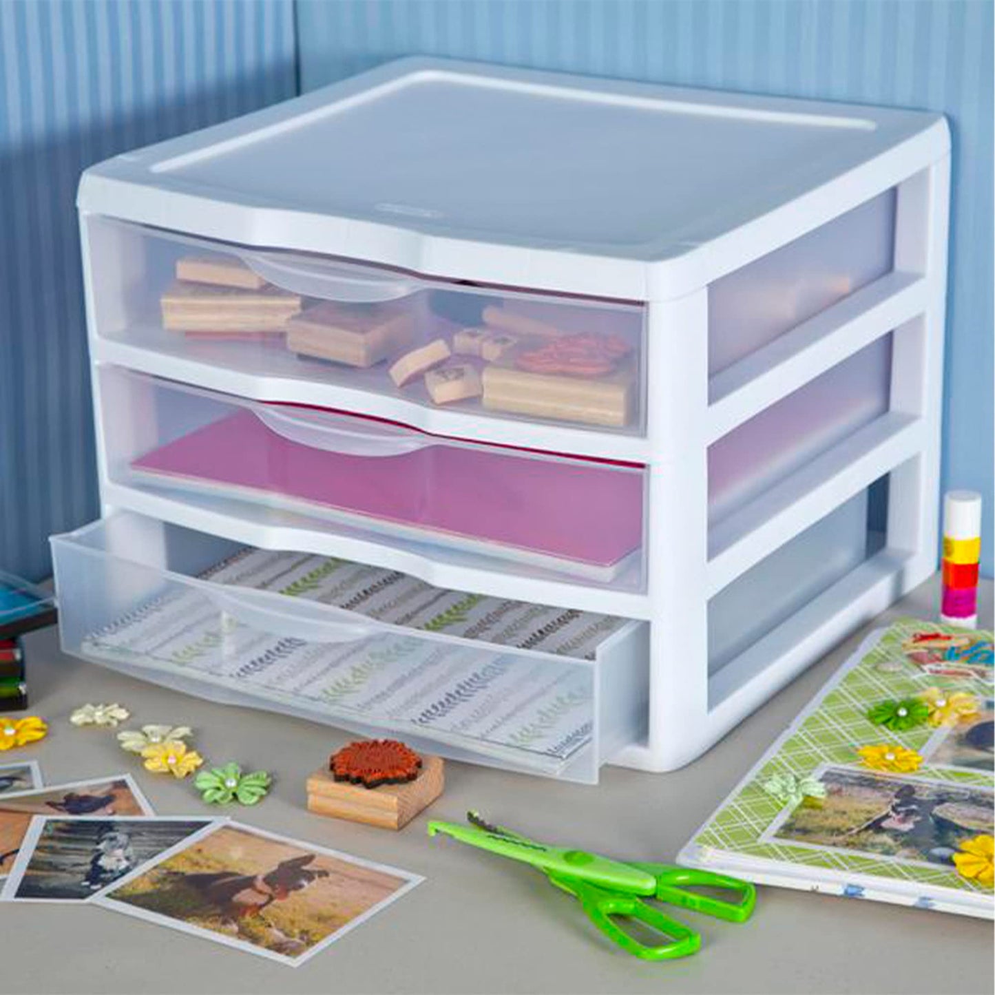 Sterilite 12-Pack Wide 3 Drawer Unit, Plastic Desktop Organizer with Clear Drawers, White Frame - Stackable Multi-Purpose Storage for Office Supplies, Craft Rooms, Classrooms and Home Organization