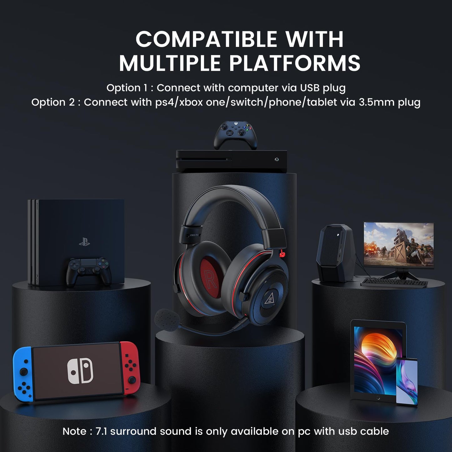 EKSA E900 Pro USB Gaming Headset for PC - Computer Headset with Detachable Noise Cancelling Mic, 7.1 Surround Sound, 50MM Driver - Headphones with Microphone for PS4/PS5, Xbox One, Laptop, Office
