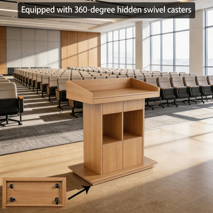XIHAADOY Wooden Lectern Podium Stand with Lockable Wheels, with Wooden Heavy Base, Mobile Rolling Church Pulpits, Office Wooden Reception Desk, Host Stand for School Conference,Natural