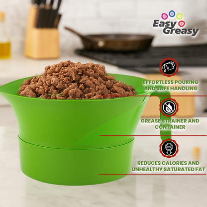 Easy Greasy 3-Piece Colander Grease Strainer Set – Green Grease Separator with Handle, Container & Lid – Strains Bacon, Pasta, Ground Beef – BPA-Free Kitchen Gadget