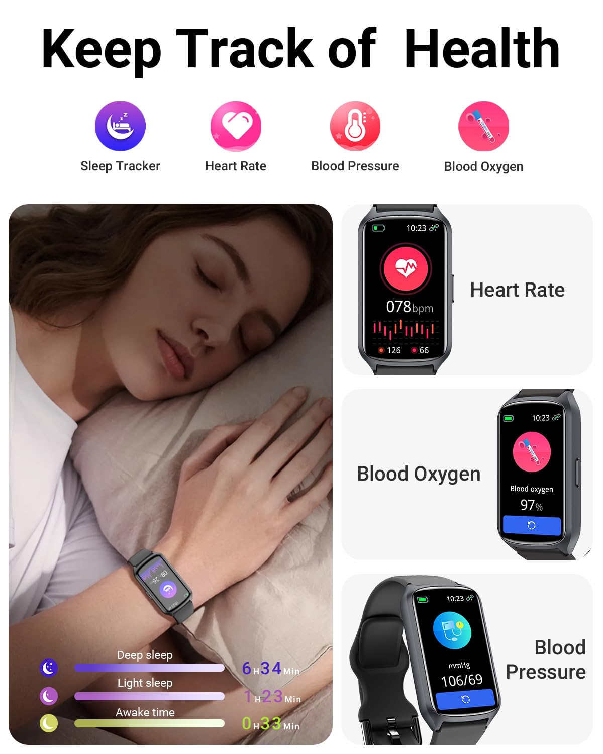 Amzhero Health Fitness Tracker with 24/7 Heart Rate, Blood Oxygen, Blood Pressure, Sleep Tracker, 5ATM Waterproof Activity Trackers with Step Tracker, Pedometer (S & L Bands Included)